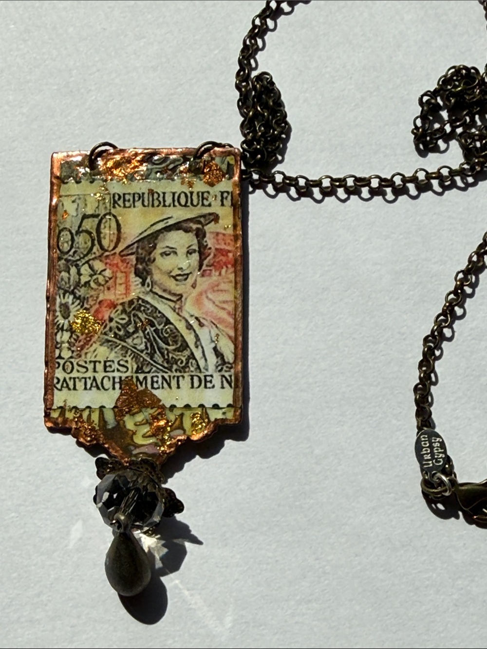 Vintage Stamp Pendant Necklace in Cream, Gold & Bronze